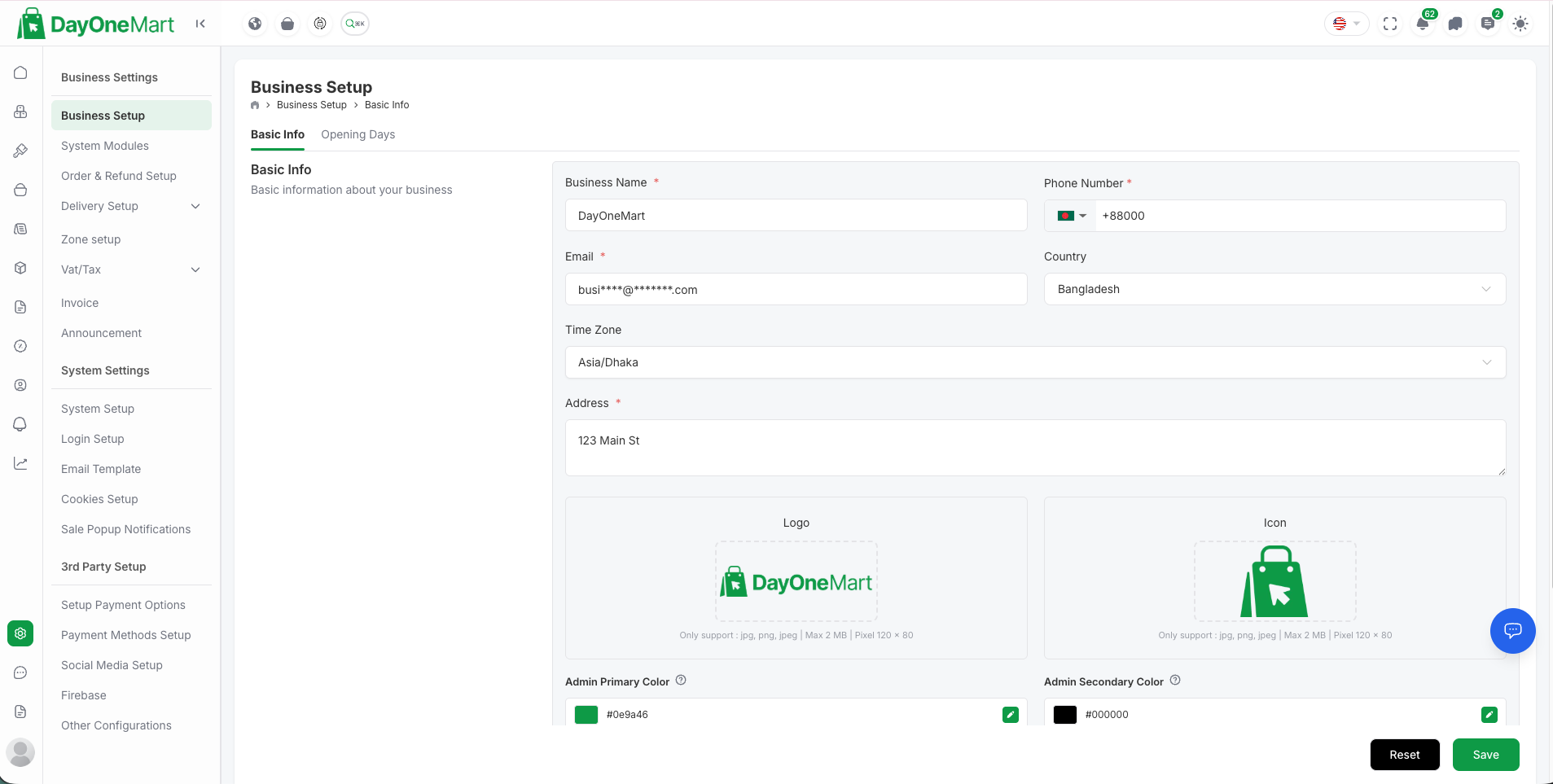 Admin Panel Business Setup — business name, logo, icon/favicon, and admin primary/secondary color fields
