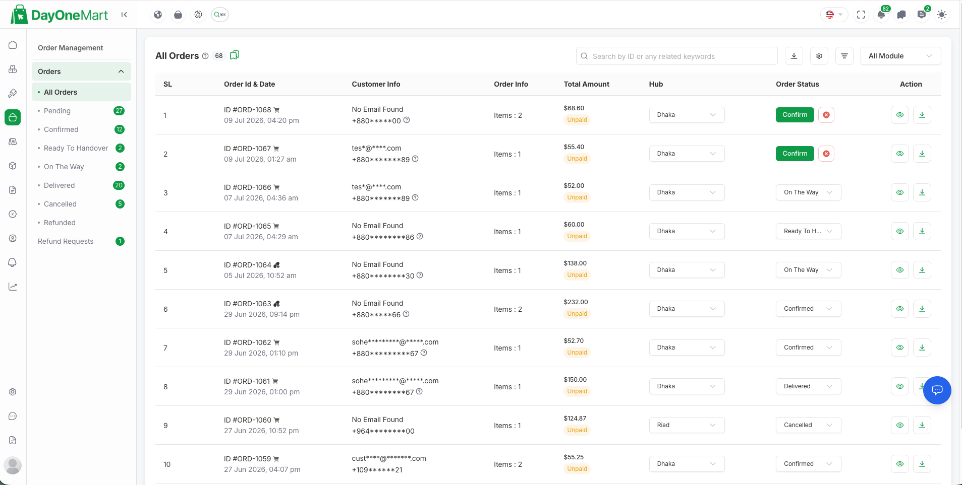 Admin Panel Order Management — order list with status filters, search, order-status dropdowns, and per-order actions
