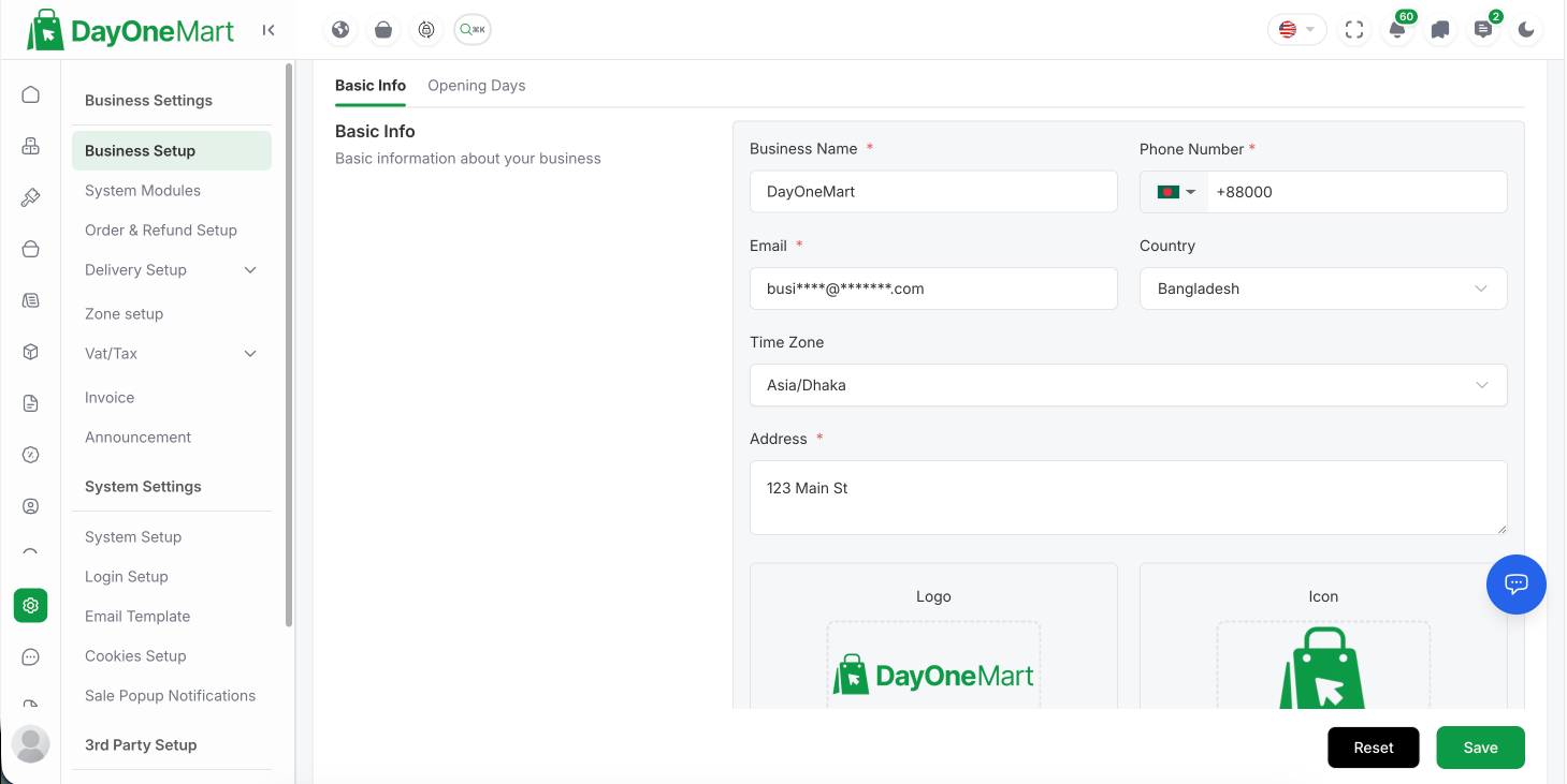Admin Panel Settings — Business Setup Basic Info form with the settings sidebar (System Modules, Delivery, Vat/Tax, 3rd Party Setup)