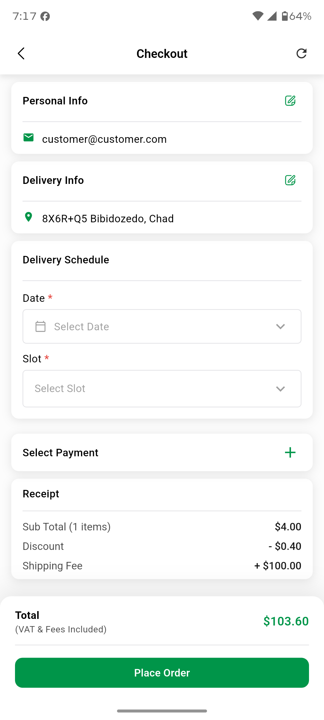 Customer App Checkout — personal info, delivery info, delivery schedule, payment, receipt, and Place Order