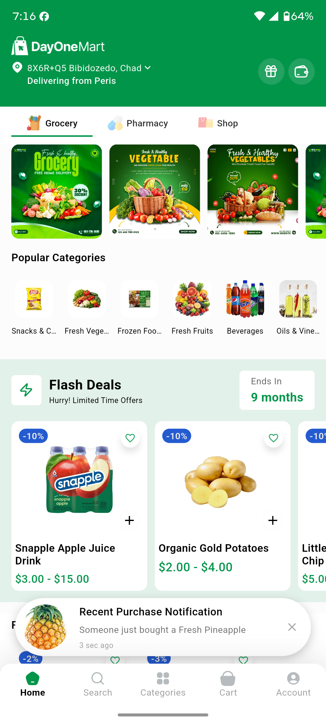 Customer App Home screen — delivery location, module tabs, promo banners, popular categories, and flash deals