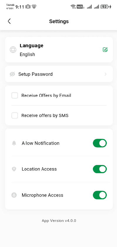 Customer App in-app Settings screen — Language, Setup Password, offer preferences, and Notification / Location / Microphone permission toggles