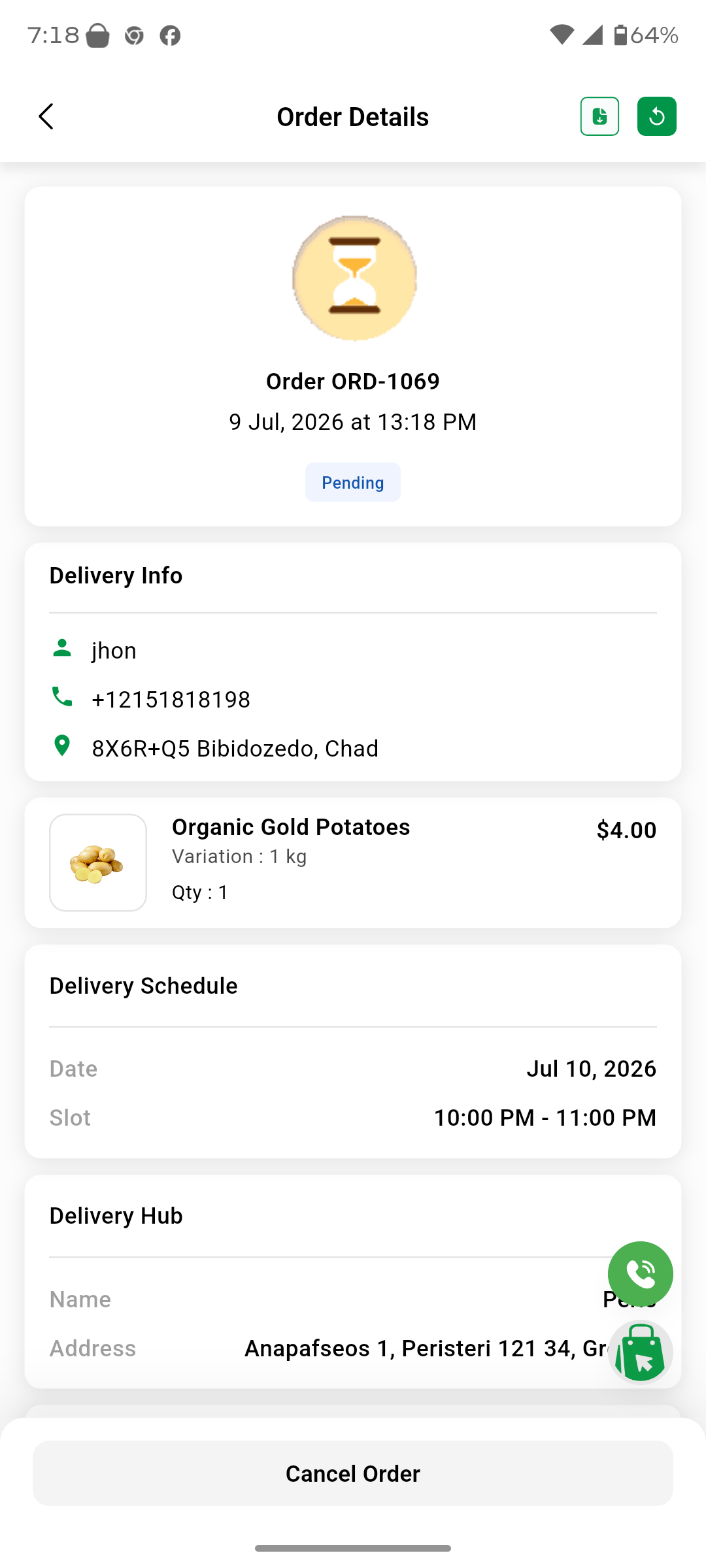 Customer App Order Details — order status, delivery info, ordered item, delivery schedule, delivery hub, and Cancel Order