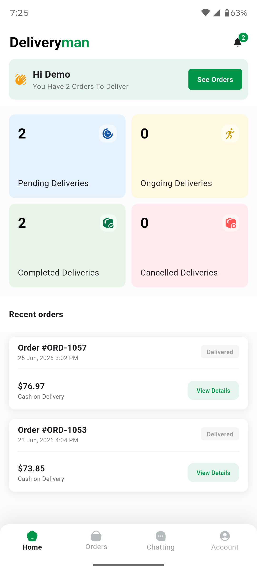 Deliveryman App Dashboard — greeting with orders to deliver, delivery KPI cards, recent orders, and bottom navigation