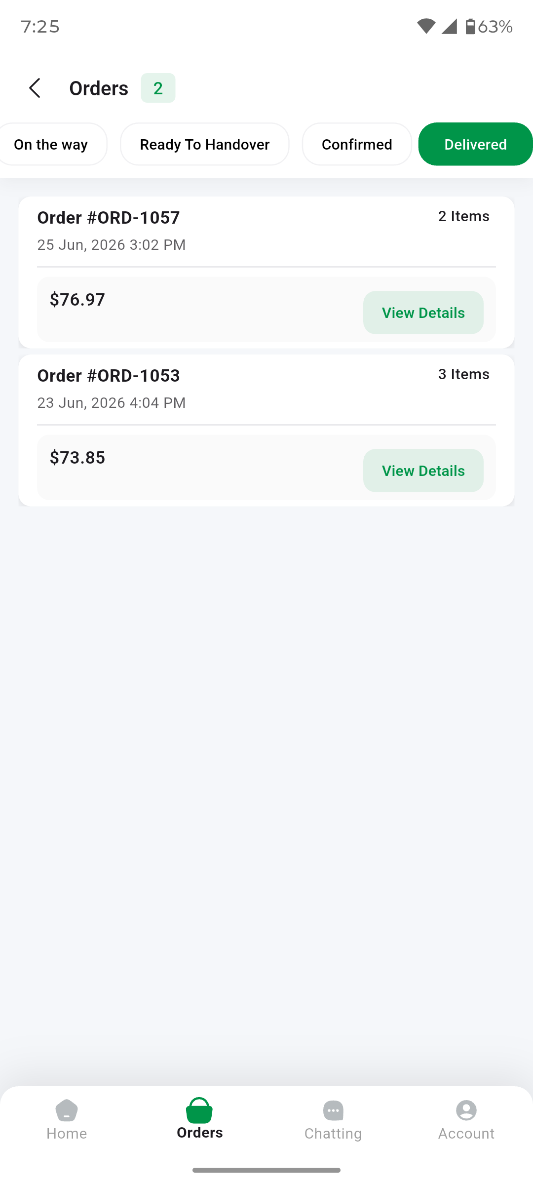 Deliveryman App Orders — status filter tabs, order cards with items and amount, View Details, and bottom navigation