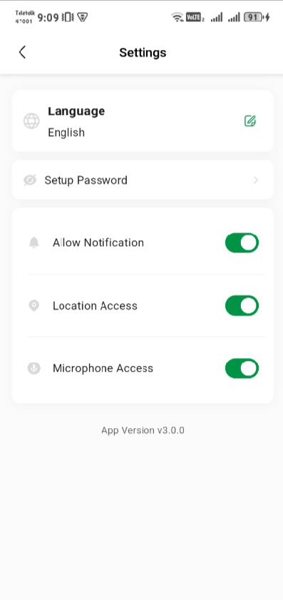 Deliveryman App in-app Settings screen — Language, Setup Password, and Notification / Location / Microphone permission toggles